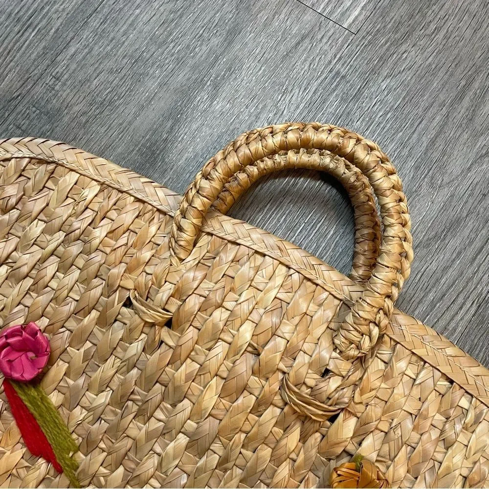 VINTAGE Hand Woven Straw México Floral Large Beach Tote Bag - Picture 9 of 10